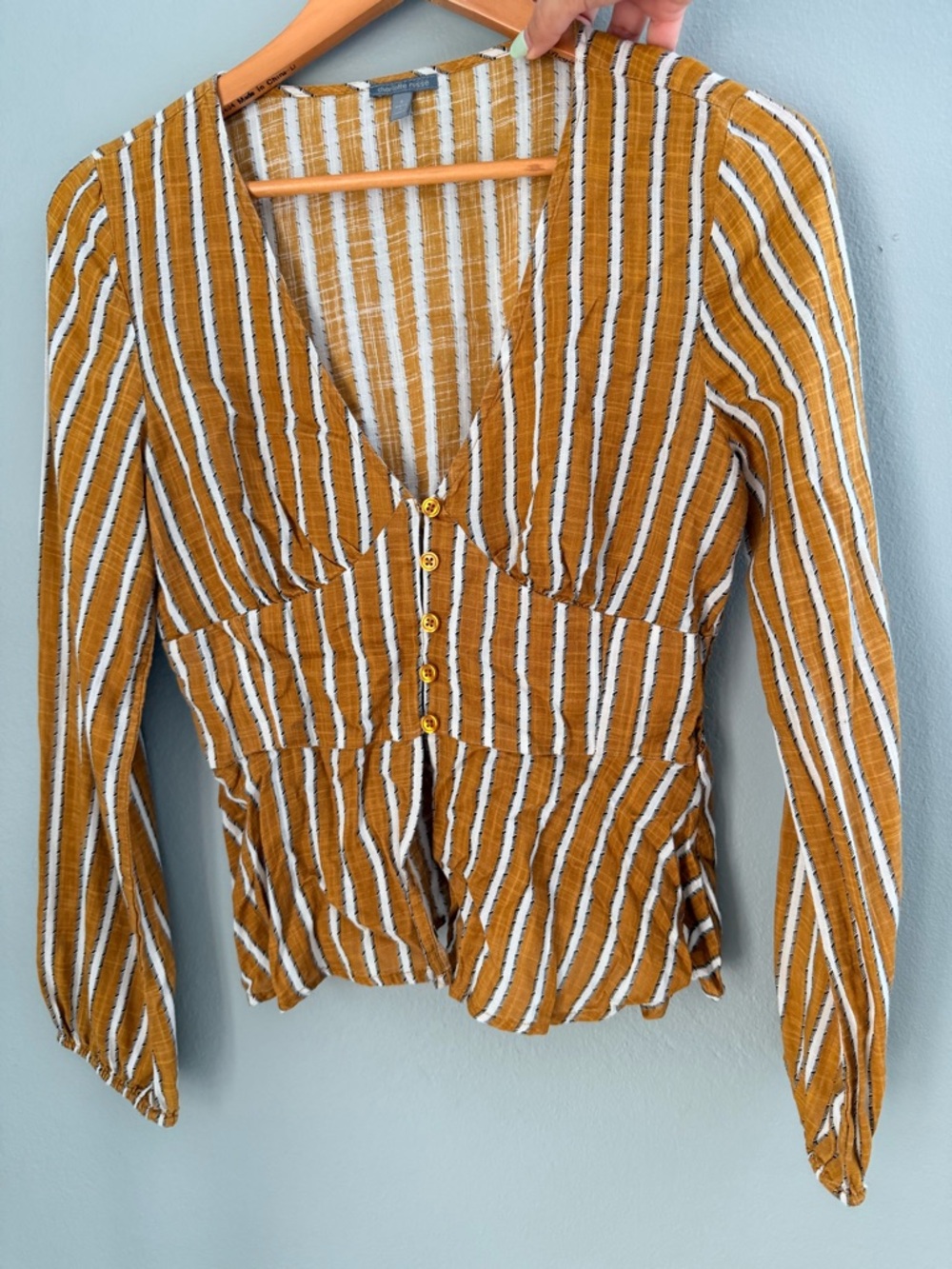 Charlotte Russe Mustard and White Striped V-Neck Button Top